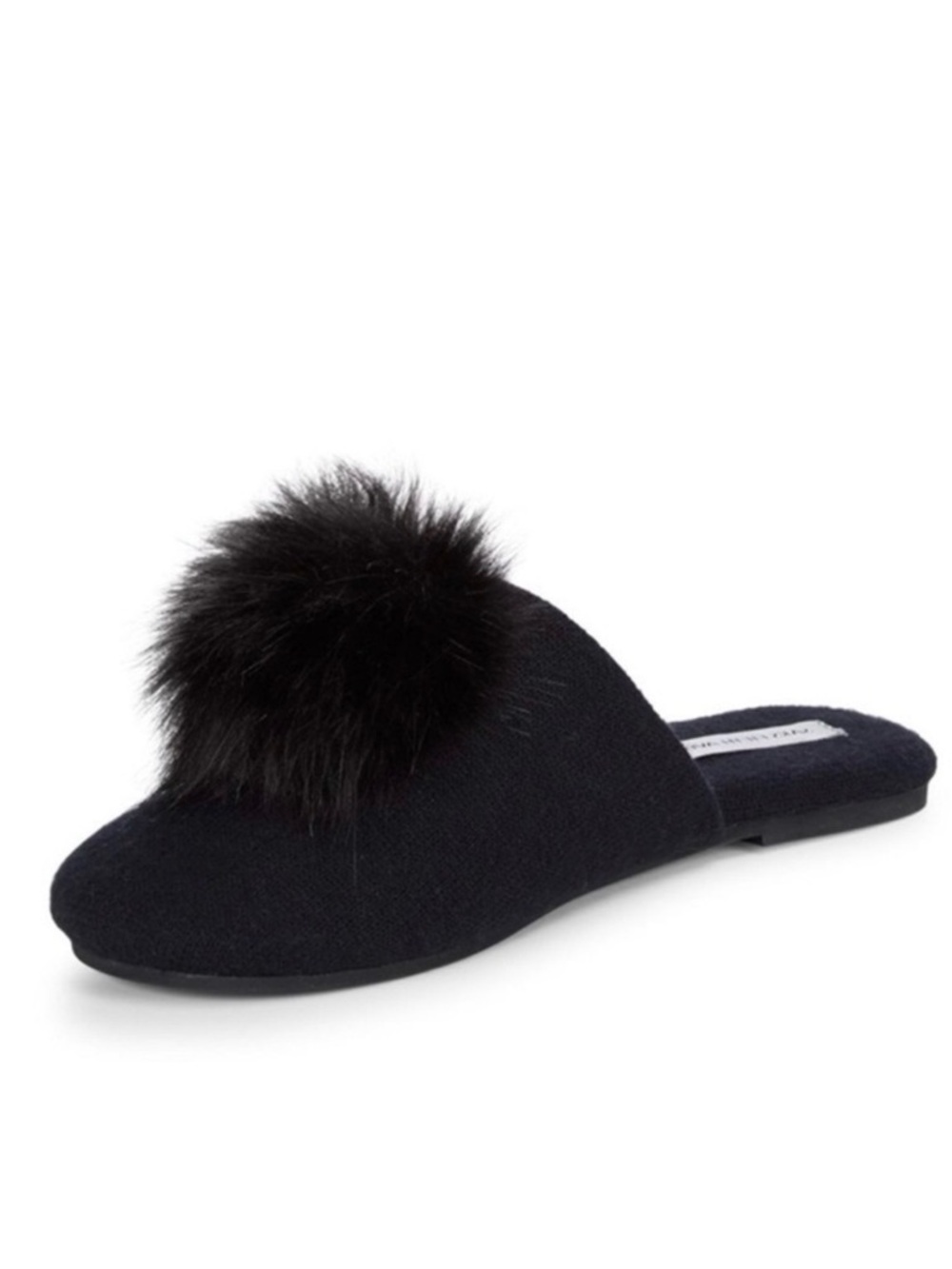 SAKS FIFTH AVENUE Black Wool & Fur Pom Pom Slippers Women’s House Shoes Slip On